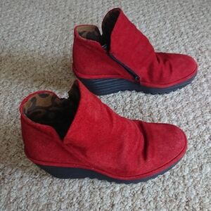Fly London Shoes Yip Red Suede Wedge Heel Ankle Boots Size EU 37 US 6.5